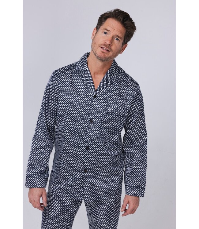 blue cotton-satin full button men's pyjama 'chain link'