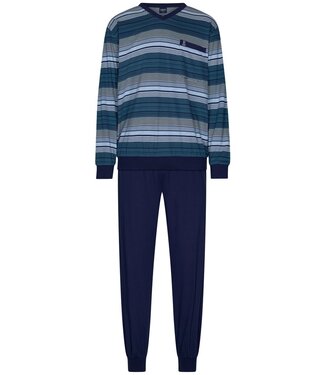 Robson Heren pyjamaset met lange mouwen met boorden en V-hals van katoen 'blue stripes'