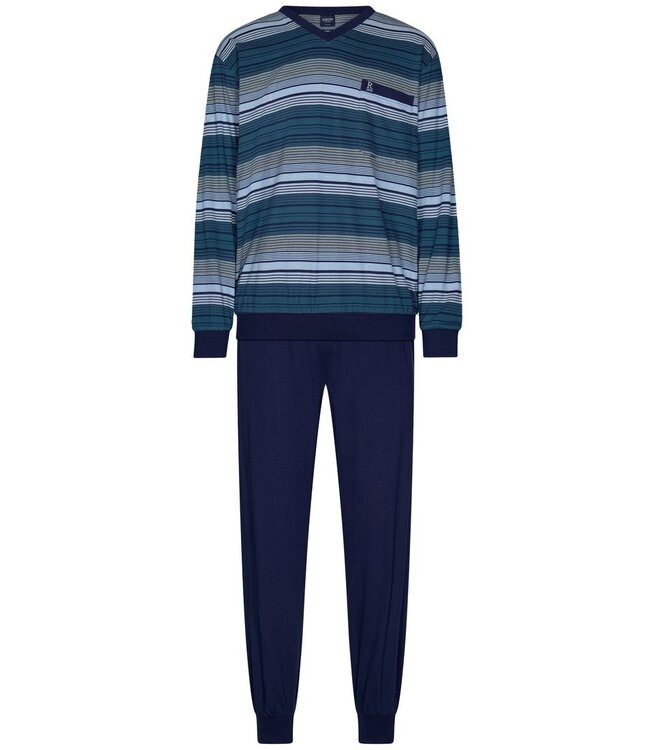 Heren pyjamaset met lange mouwen met boorden en V-hals van katoen 'blue stripes'