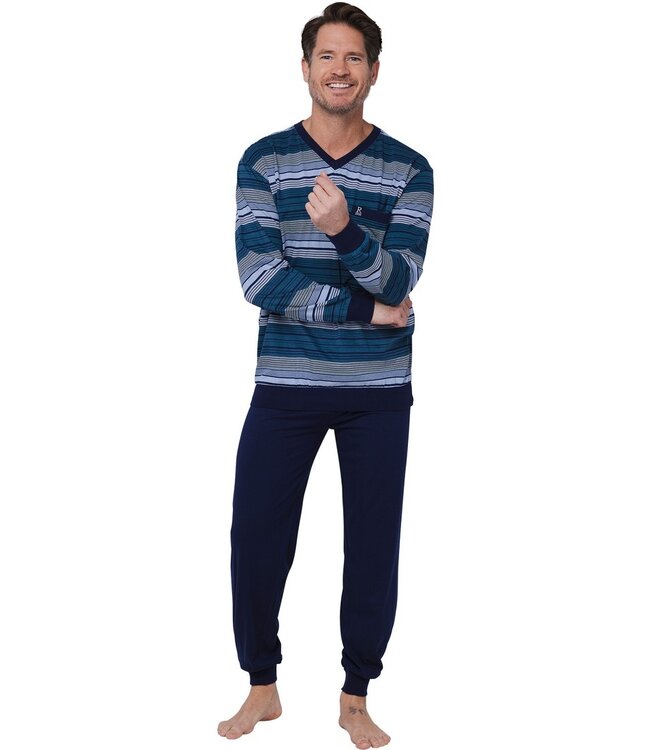 Heren pyjamaset met lange mouwen met boorden en V-hals van katoen 'blue stripes'