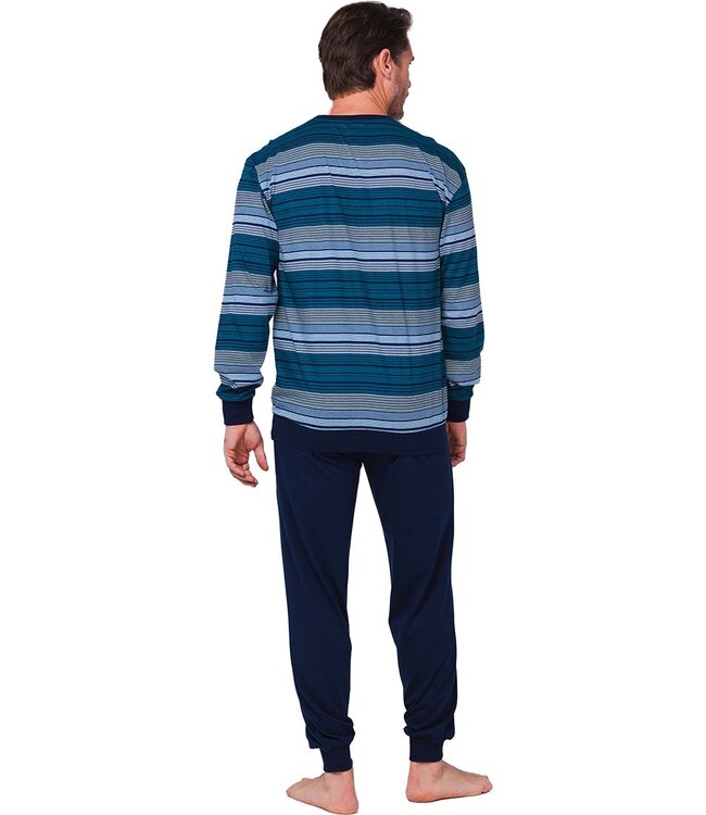 men's long sleeve v-neck cotton pyjama set with cuffs 'blue stripes'