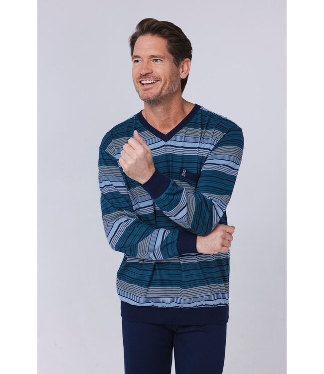men's long sleeve v-neck cotton pyjama set with cuffs 'blue stripes'
