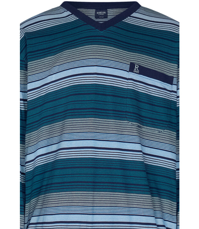 men's long sleeve v-neck cotton pyjama set with cuffs 'blue stripes'