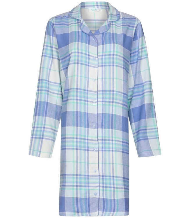 Doorknoop nachthemd met lange mouwen van katoen-flanel 'cool blue checks'