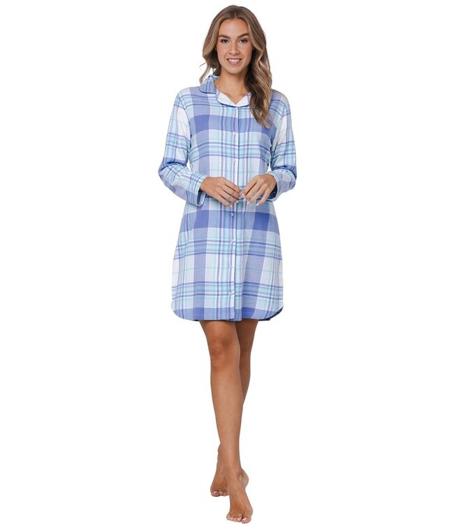 Doorknoop nachthemd met lange mouwen van katoen-flanel 'cool blue checks'
