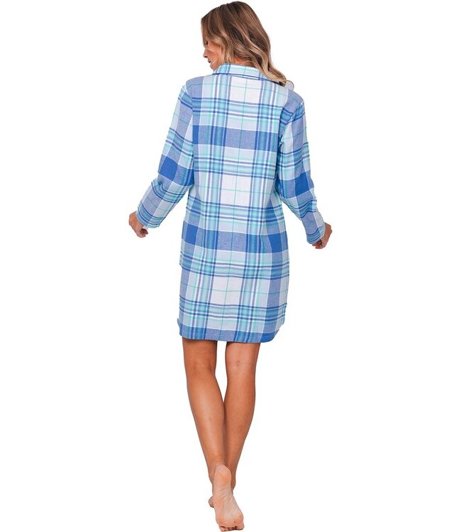 long sleeve full button cotton flannel nightdress 'cool blue checks'