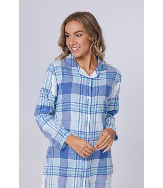 Doorknoop nachthemd met lange mouwen van katoen-flanel 'cool blue checks'