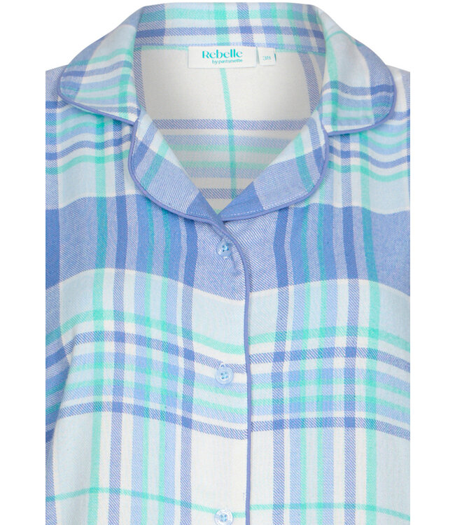 Doorknoop nachthemd met lange mouwen van katoen-flanel 'cool blue checks'