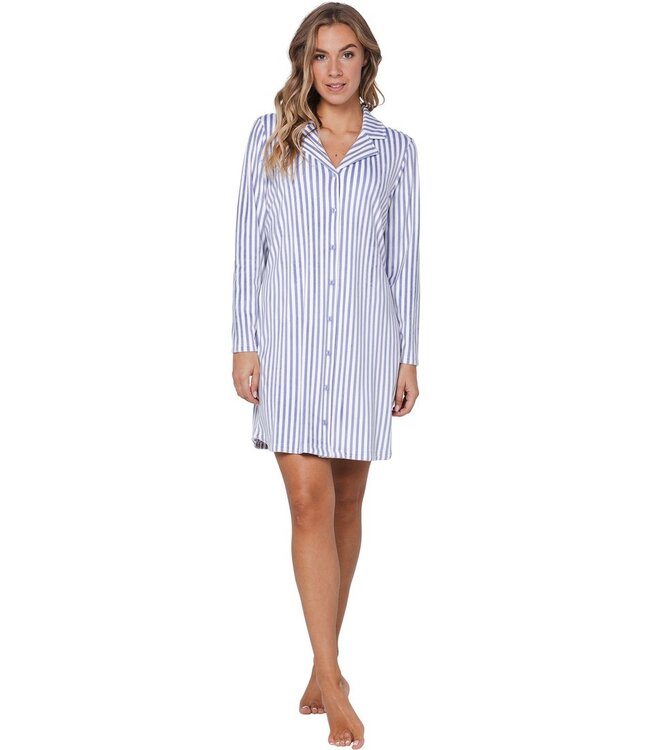 Blauw doorknoop dames nachthemd van zachte, flanel fleece ‘soft stripes’