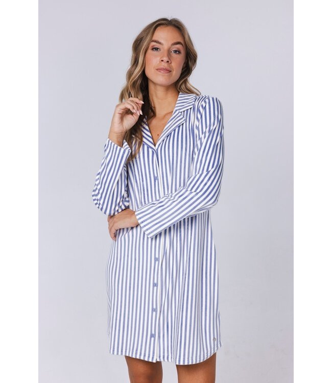ladies blue soft flannel fleece full button nightdress 'soft stripes'