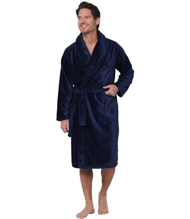 Jacquard-flanel-fleece reliëfstof overslag heren ochtendjas 'cool blue'