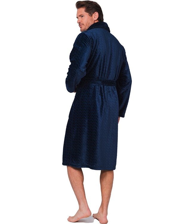 Jacquard-flanel-fleece reliëfstof overslag heren ochtendjas 'cool blue'