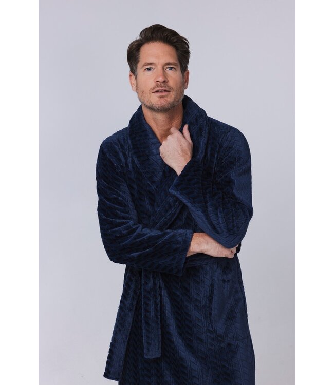 Jacquard-flanel-fleece reliëfstof overslag heren ochtendjas 'cool blue'