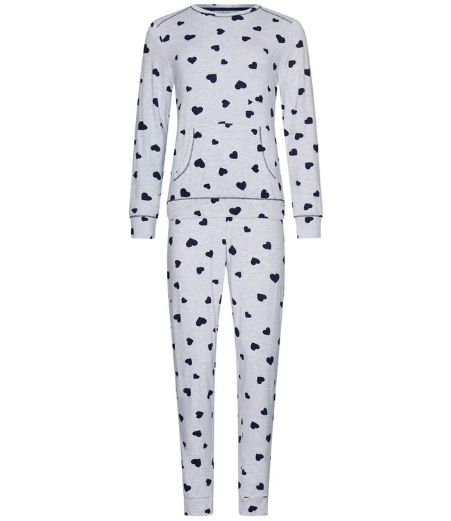 Lichtgrijs melee pyjama met lange mouwen en kangoeroezak 'lots of lovehearts'