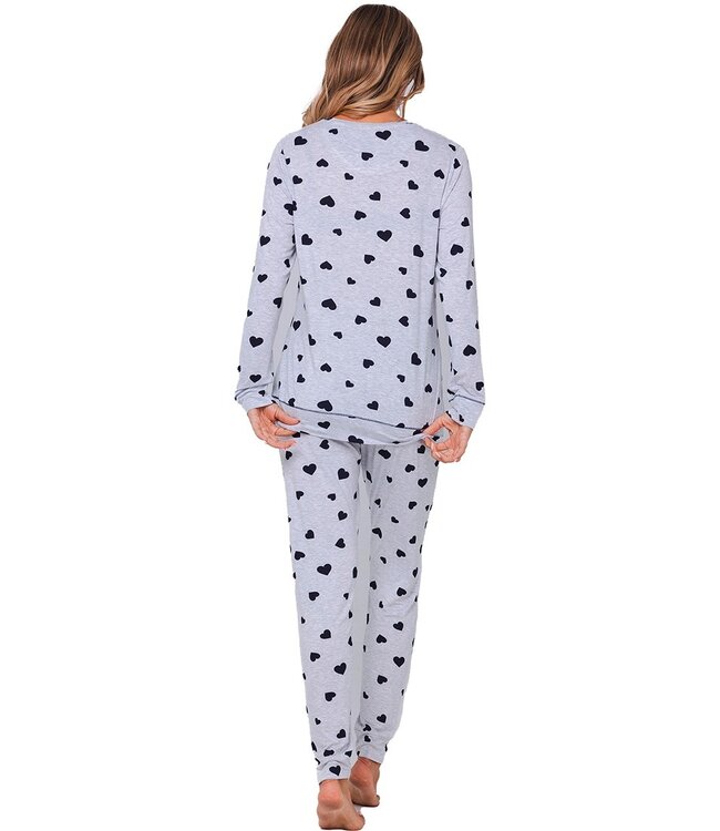 Lichtgrijs melee pyjama met lange mouwen en kangoeroezak 'lots of lovehearts'