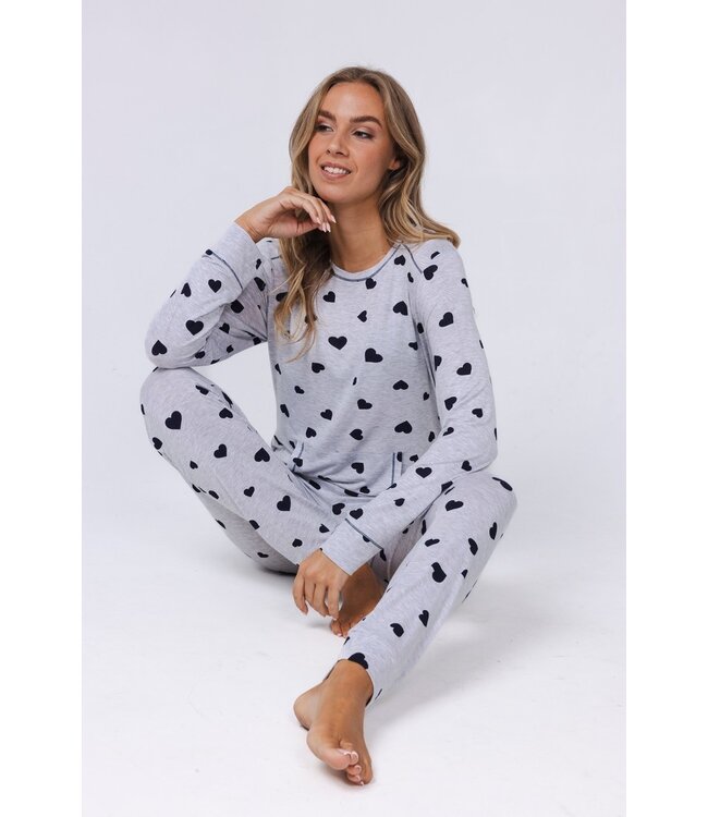 light grey melee long sleeve pyjama with kangaroo pocket 'lots of lovehearts'