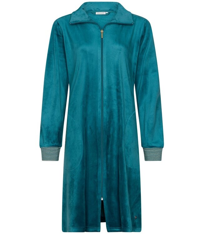 Groene velours dames ochtendjas met rits 'velvet green  stripes'