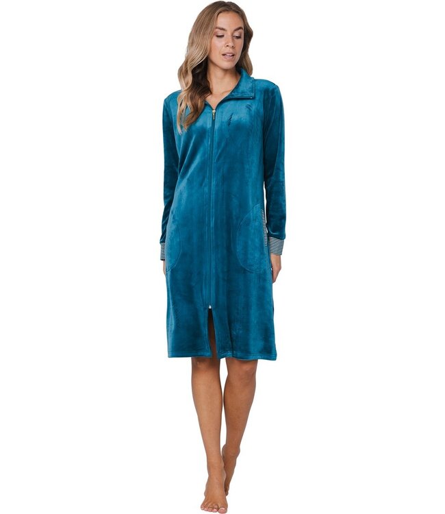 ladies green velvet morninggown with zip 'velvet green stripes'