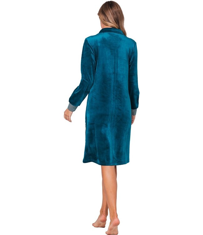 ladies green velvet morninggown with zip 'velvet green stripes'