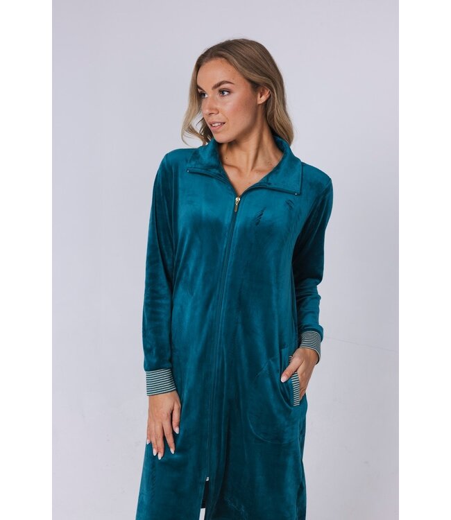 ladies green velvet morninggown with zip 'velvet green stripes'