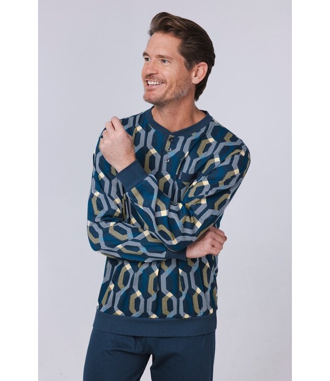 Katoenen heren pyjamaset met lange mouwen en knopen 'link it up'