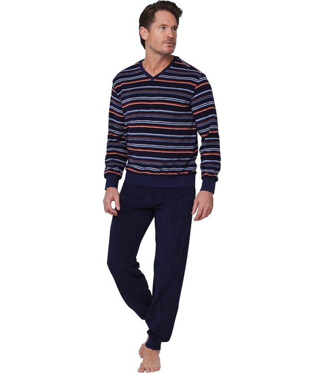 Lounge-pyjama voor heren van badstof katoen met V-hals 'cool stripes'