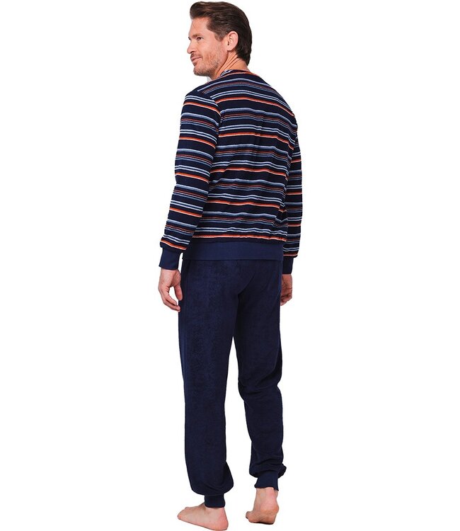 Lounge-pyjama voor heren van badstof katoen met V-hals 'cool stripes'
