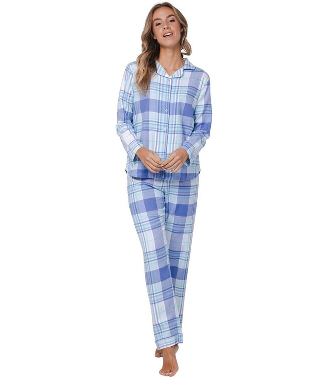 long sleeve full button cotton flannel pyjama 'cool blue checks