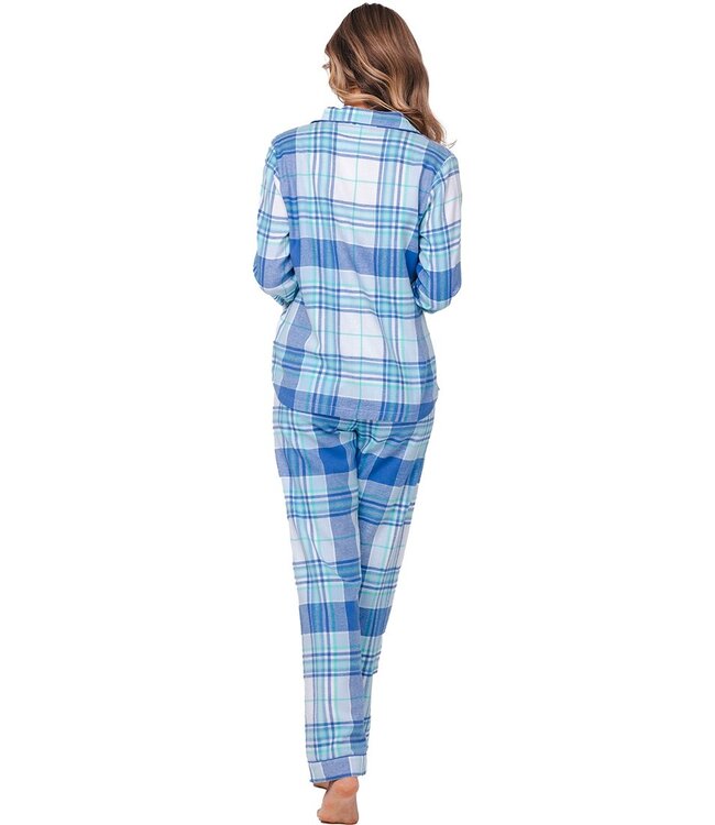 long sleeve full button cotton flannel pyjama 'cool blue checks