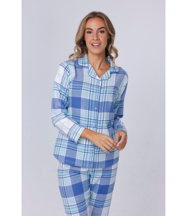 long sleeve full button cotton flannel pyjama 'cool blue checks