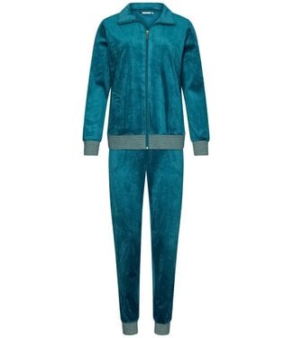 Pastunette Groene velours lounge- huispak voor dames met rits 'velvet green  stripes'