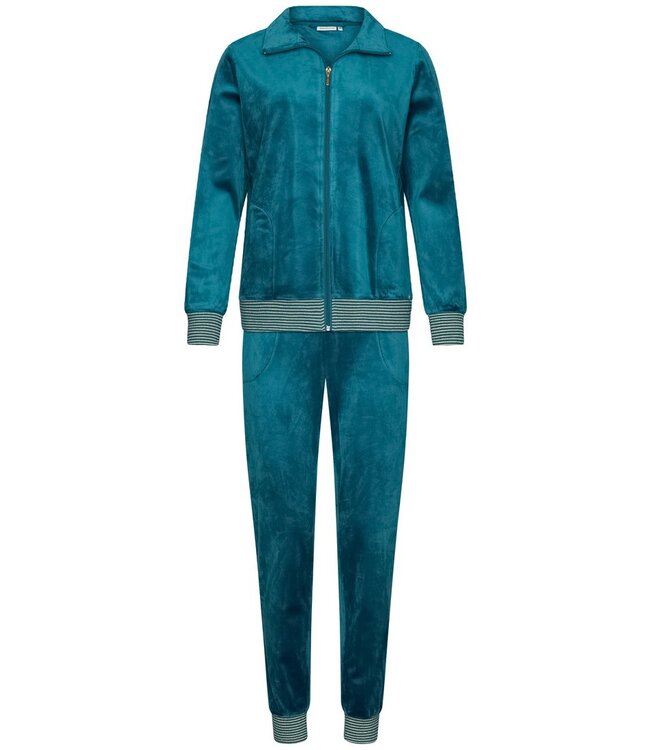 ladies green velvet home-lounge suit with zip 'velvet green stripes'