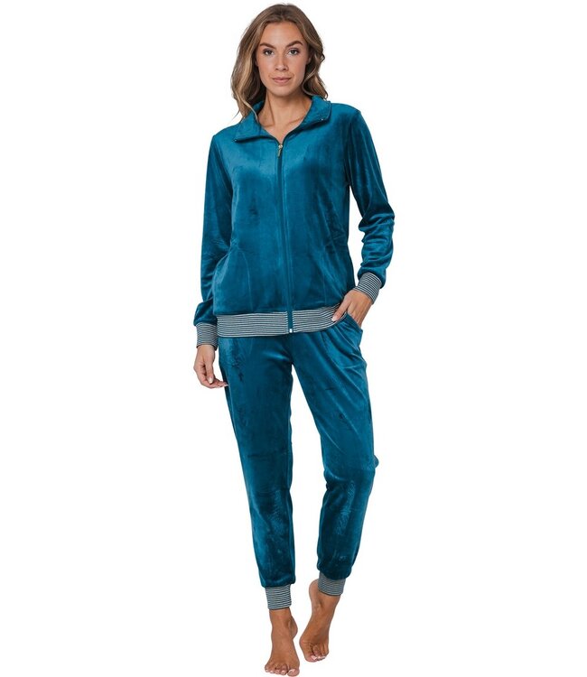 ladies green velvet home-lounge suit with zip 'velvet green stripes'