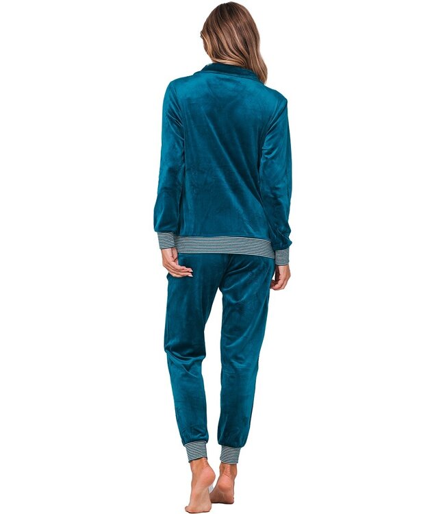 ladies green velvet home-lounge suit with zip 'velvet green stripes'