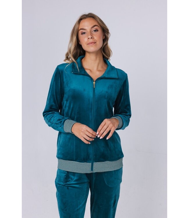 ladies green velvet home-lounge suit with zip 'velvet green stripes'