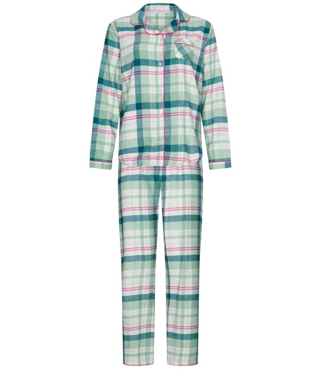 Katoenflanellen doorknoop dames pyjama met lange mouwen 'cool mint checks'