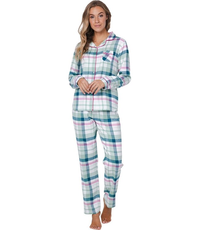 ladies long sleeve, full button, cotton flannel pyjama 'cool mint checks'