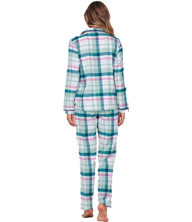ladies long sleeve, full button, cotton flannel pyjama 'cool mint checks'