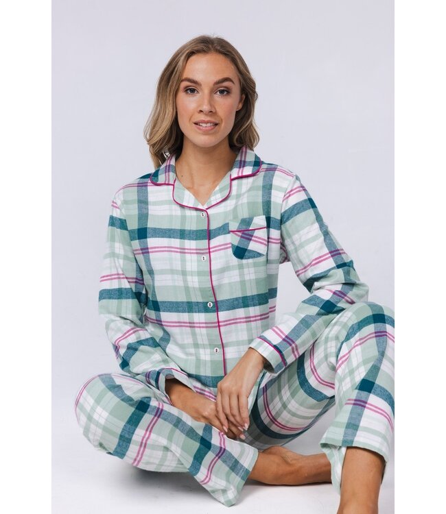 ladies long sleeve, full button, cotton flannel pyjama 'cool mint checks'