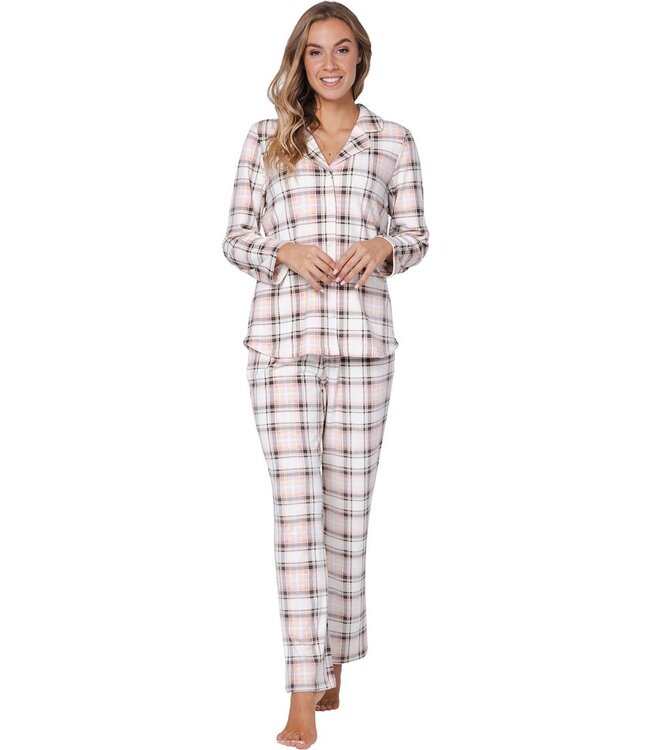 ladies warm full button pyjama 'champagne pink check'