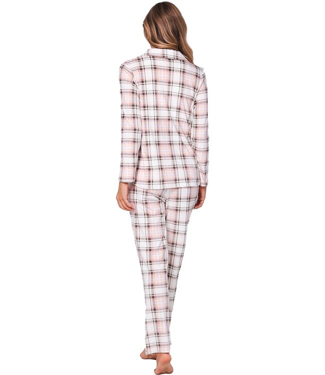 ladies warm full button pyjama 'champagne pink check'
