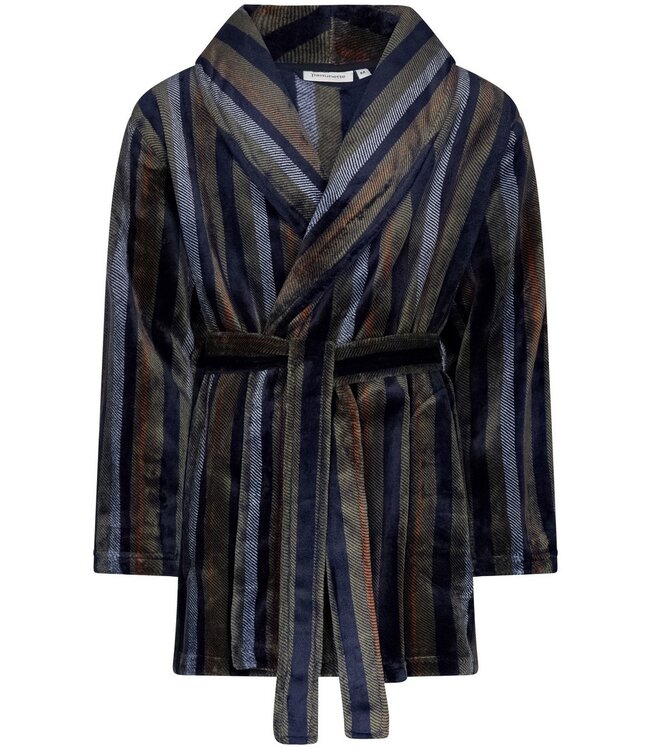 Korte, overslag heren ochtendjas van fleece 'modern stripes'