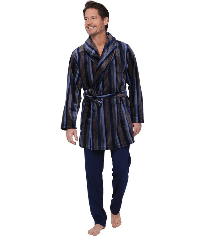 men's short wrap-over fleece morninggown 'modern stripes' (90cm)