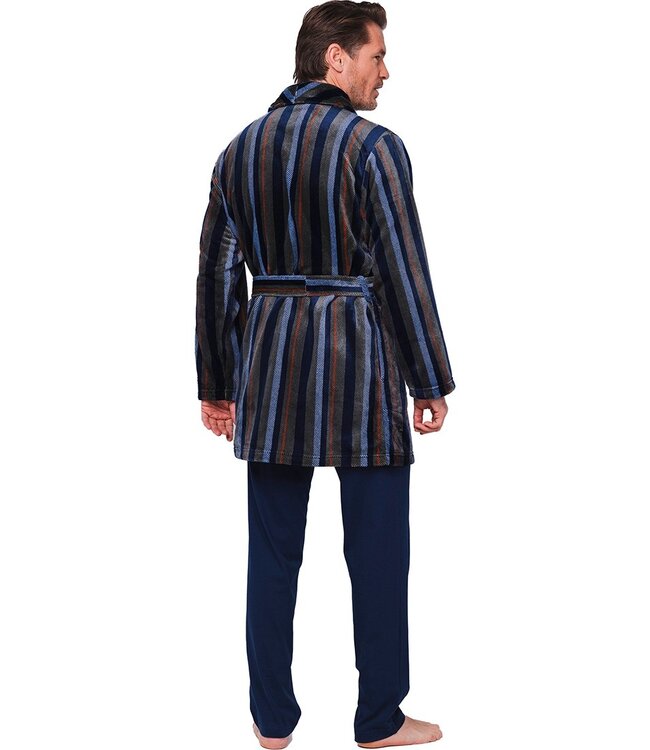 Korte, overslag heren ochtendjas van fleece 'modern stripes'