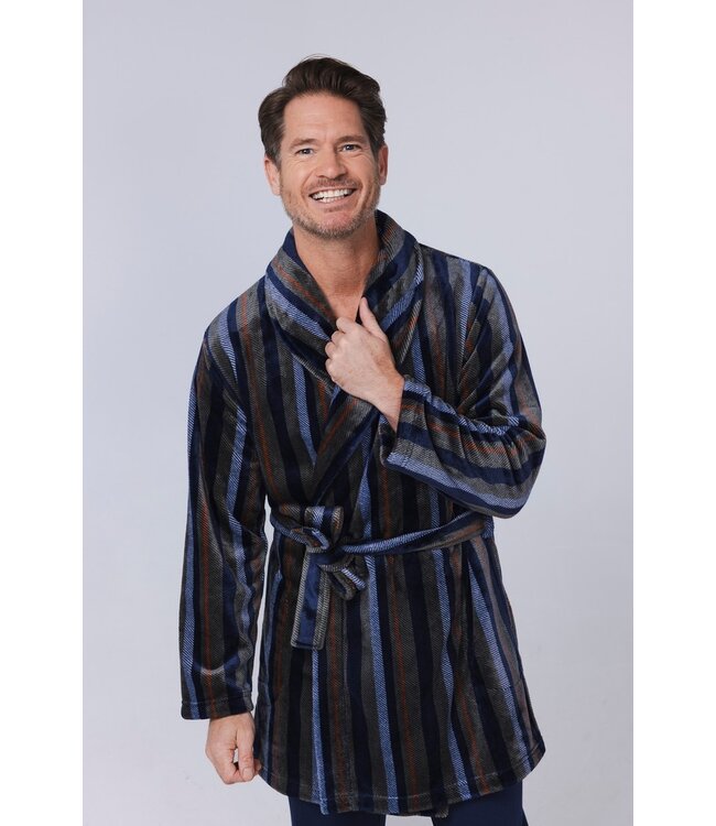 men's short wrap-over fleece morninggown 'modern stripes' (90cm)