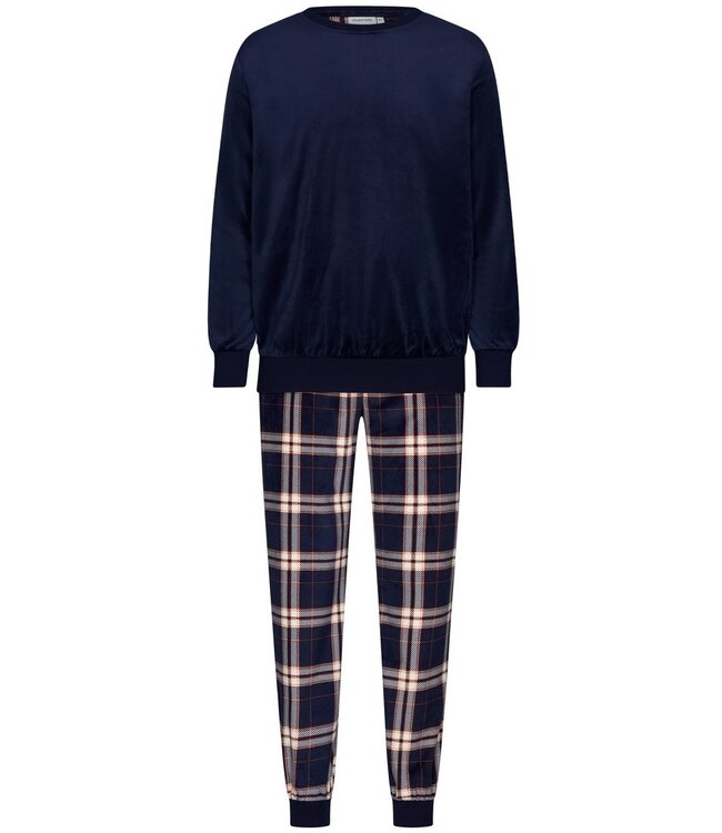 Heren lounge-huispak van blauw velours 'modern checks'