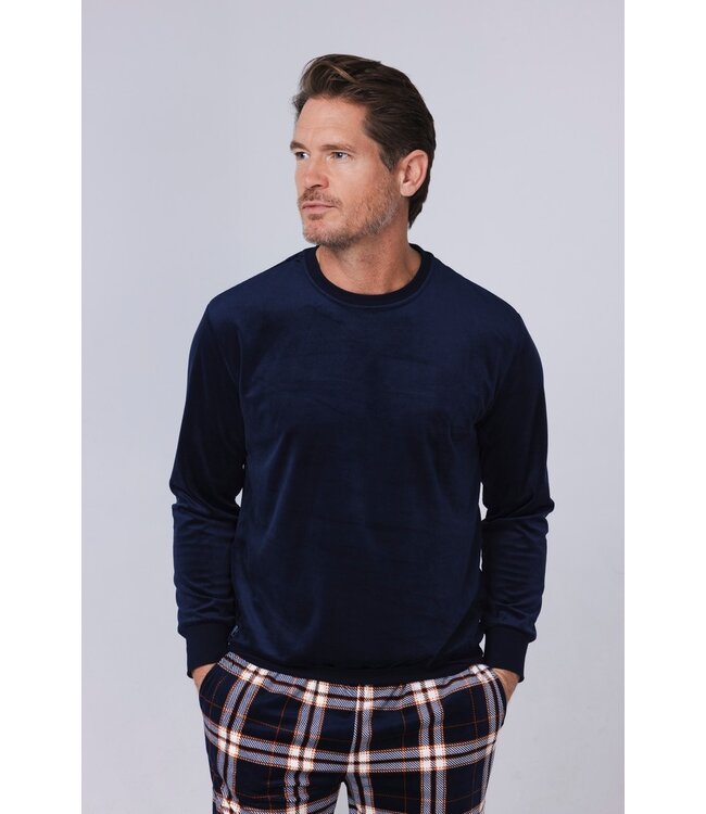 men's blue velvet home lounge suit 'modern checks'