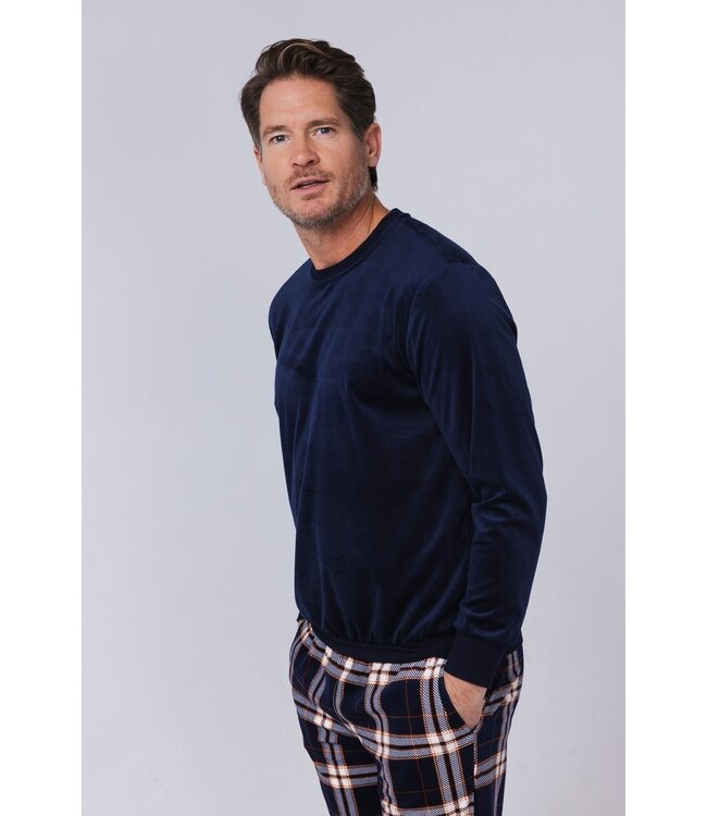 men's blue velvet home lounge suit 'modern checks'