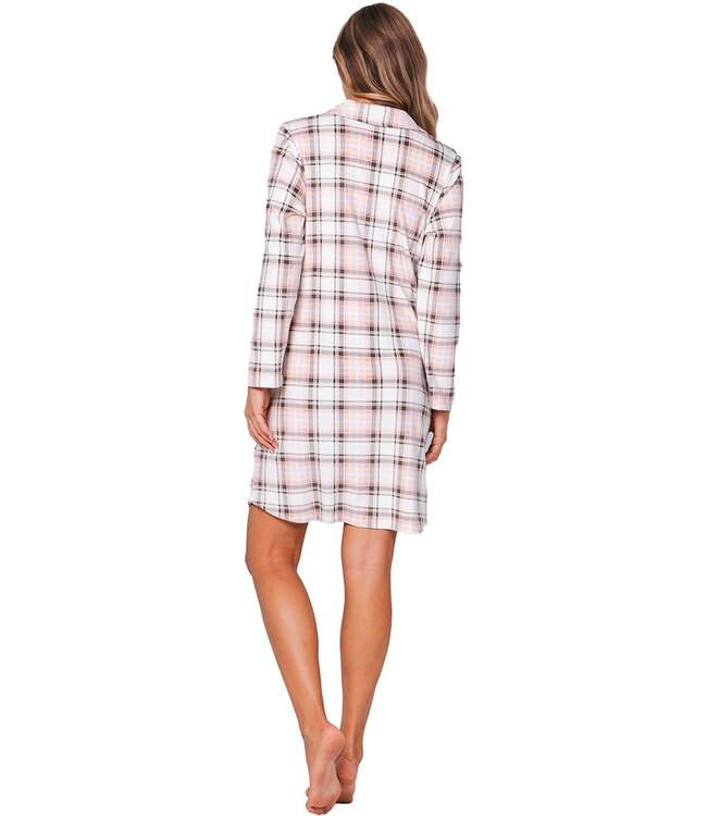 ladies warm full button nightdress 'champagne pink check'