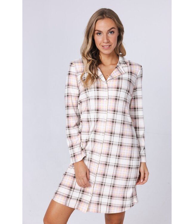 ladies warm full button nightdress 'champagne pink check'
